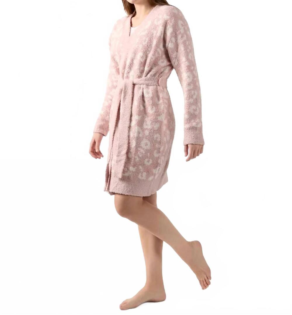 NEW MEMOI leopard print cozy knit short long-sleeve robe in pink-ivory